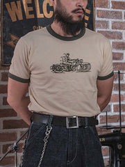 コントラスト襟 バイクプリント半袖Tシャツ