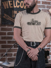 コントラスト襟 バイクプリント半袖Tシャツ