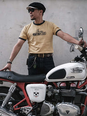 コントラスト襟 バイクプリント半袖Tシャツ