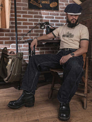 コントラスト襟 バイクプリント半袖Tシャツ