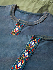 エスニック 幾何学刺繡 ウォッシュ加工 ヘンリーネック 長袖Tシャツ