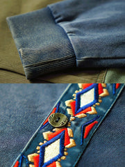 エスニック 幾何学刺繡 ウォッシュ加工 ヘンリーネック 長袖Tシャツ