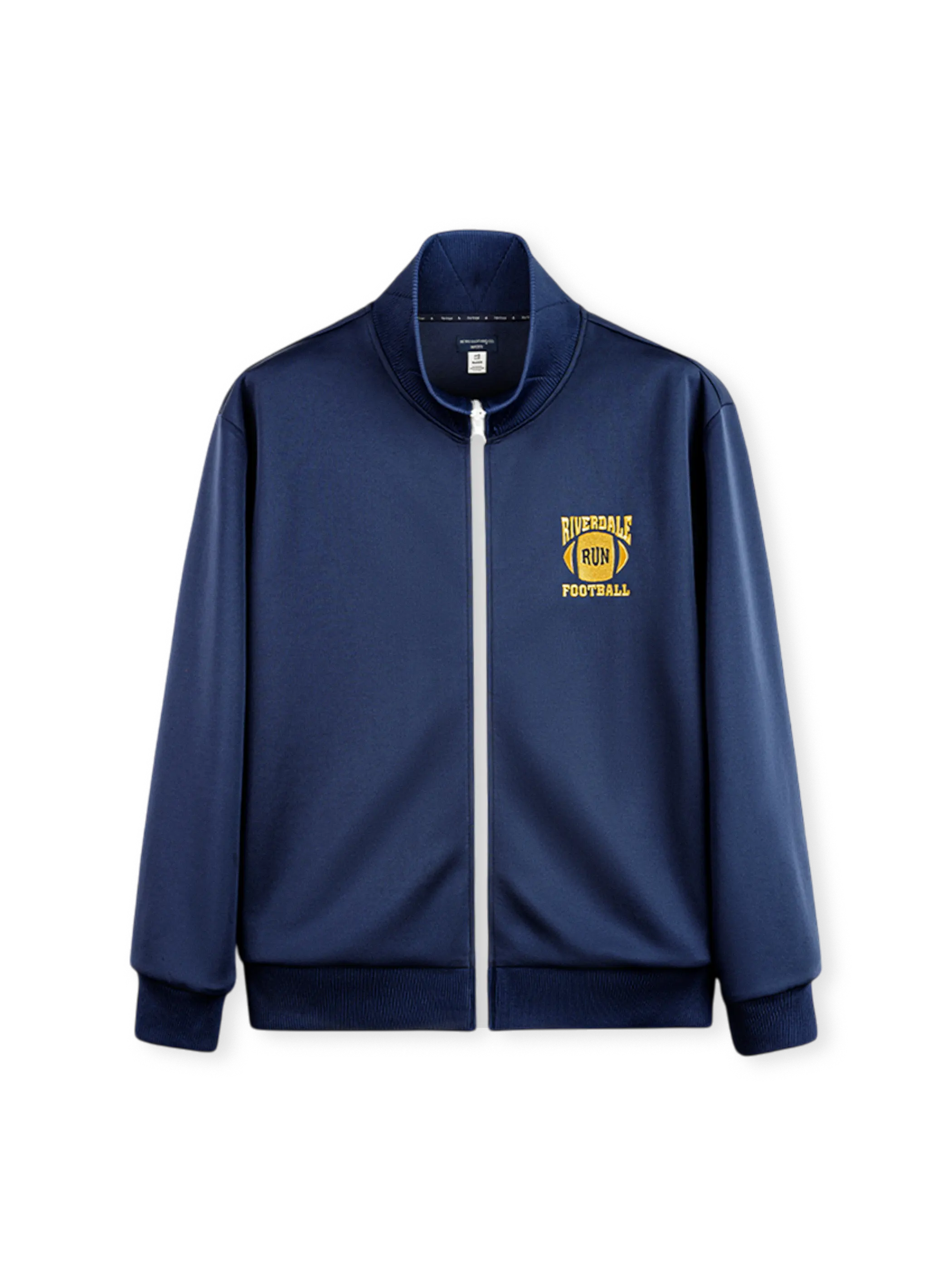 アメリカンキャンパススポーツ風の深青と黄色刺繍が特徴のTrackジャケット。軽量エアレイヤー生地使用。