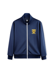 アメリカンキャンパススポーツ風の深青と黄色刺繍が特徴のTrackジャケット。軽量エアレイヤー生地使用。