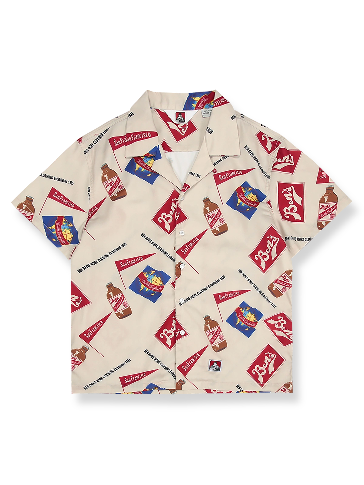 トライアングルフラッグとボトル柄が特徴のコットンポリ混紡アロハシャツ
