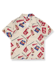トライアングルフラッグとボトル柄が特徴のコットンポリ混紡アロハシャツ
