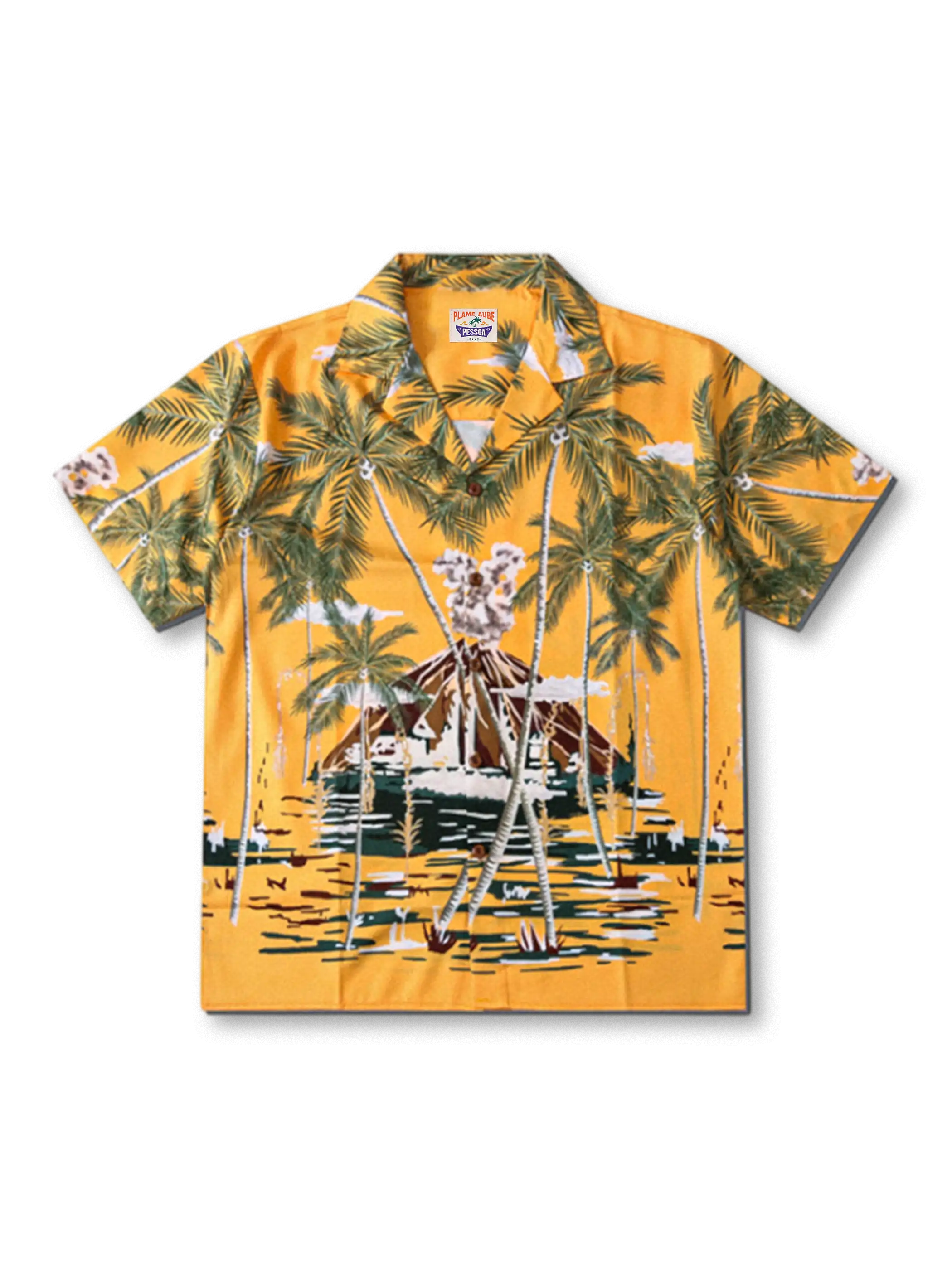 トロピカルレインフォレスト柄のアロハシャツ。軽量速乾ポリエステル素材でヤシの木と噴火モチーフの大胆プリント。夏のエレガントなリゾートスタイルに最適