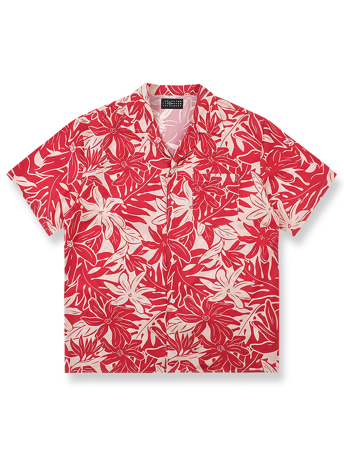 赤とベージュのトロピカルフラワープリントアロハシャツ