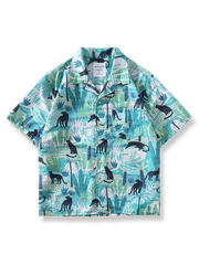 熱帯ジャングルと野生動物のプリントが施されたハワイアン半袖シャツ
