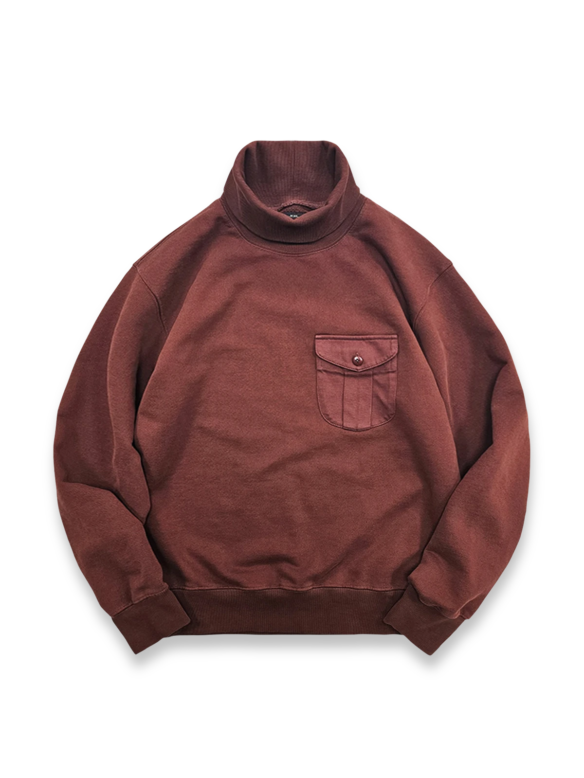 重厚感あるタートルネックと天然ボタンが特徴のコットンスウェット。保温性と快適さを兼ね備えています。