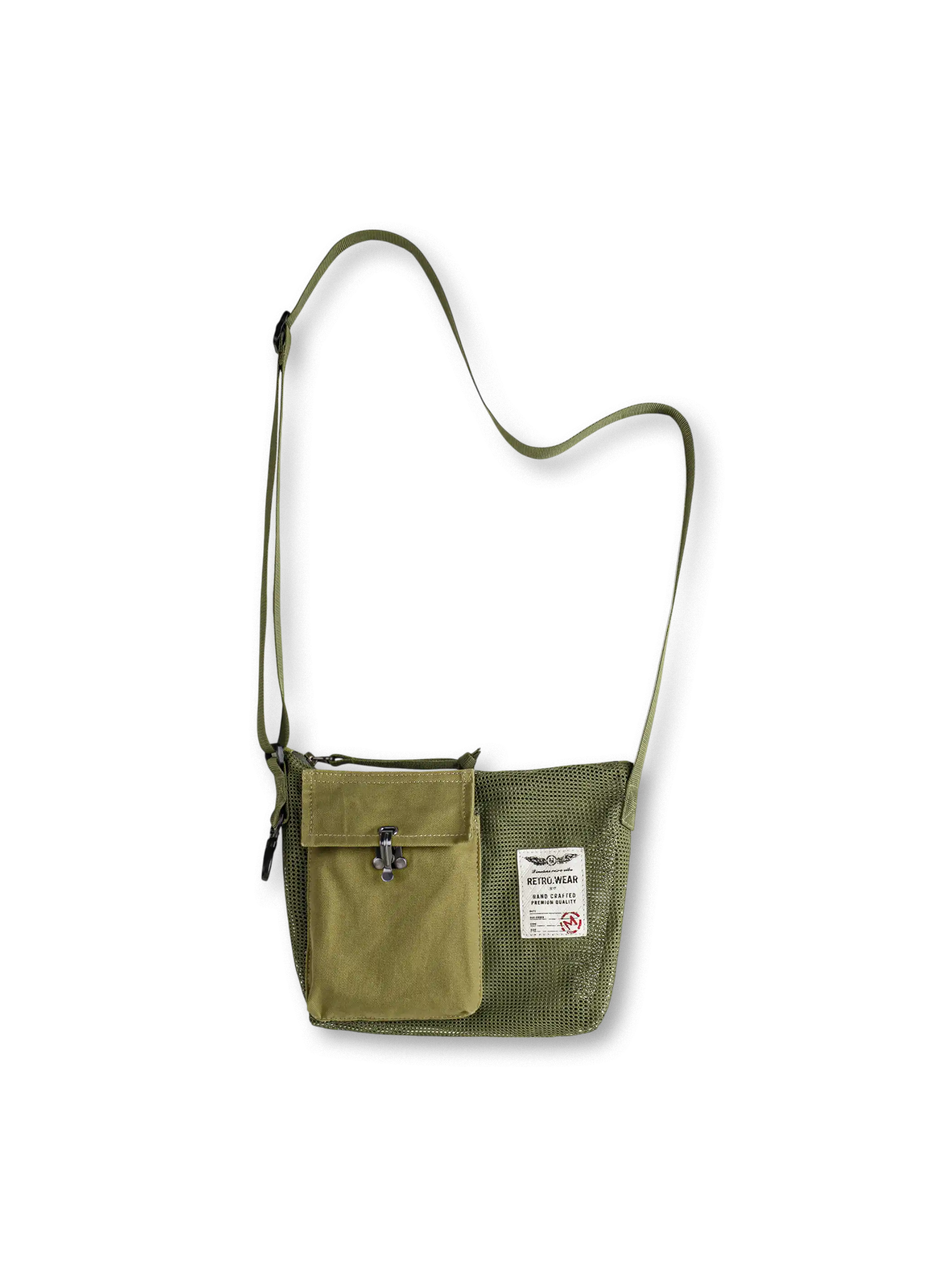 青古銅ジップと真鍮留め具が際立つタクティカルメッシュショルダーバッグ