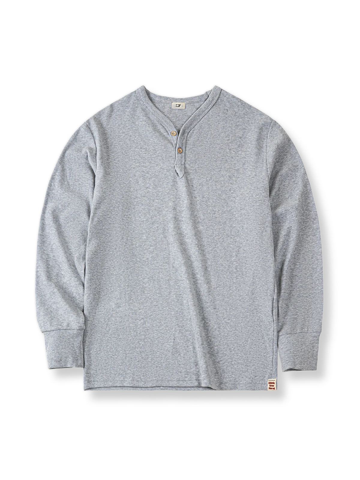 Y型襟と木製ボタンが特徴のグレー&ブルー展開、厚手で快適なヘンリーネック長袖Tシャツ