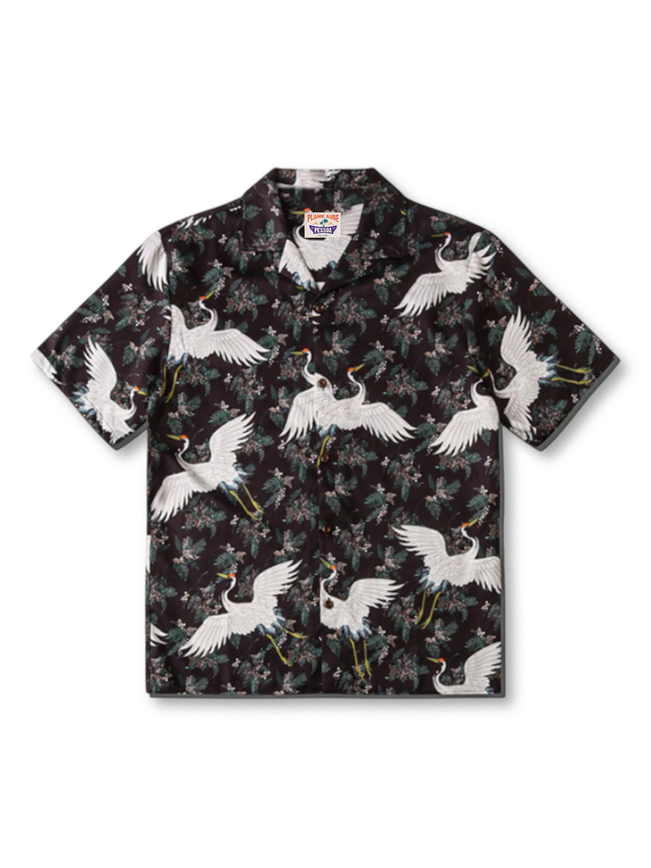 優雅に舞う仙鶴の浮世絵プリントが映えるハワイアンシャツ