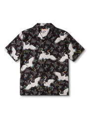 優雅に舞う仙鶴の浮世絵プリントが映えるハワイアンシャツ