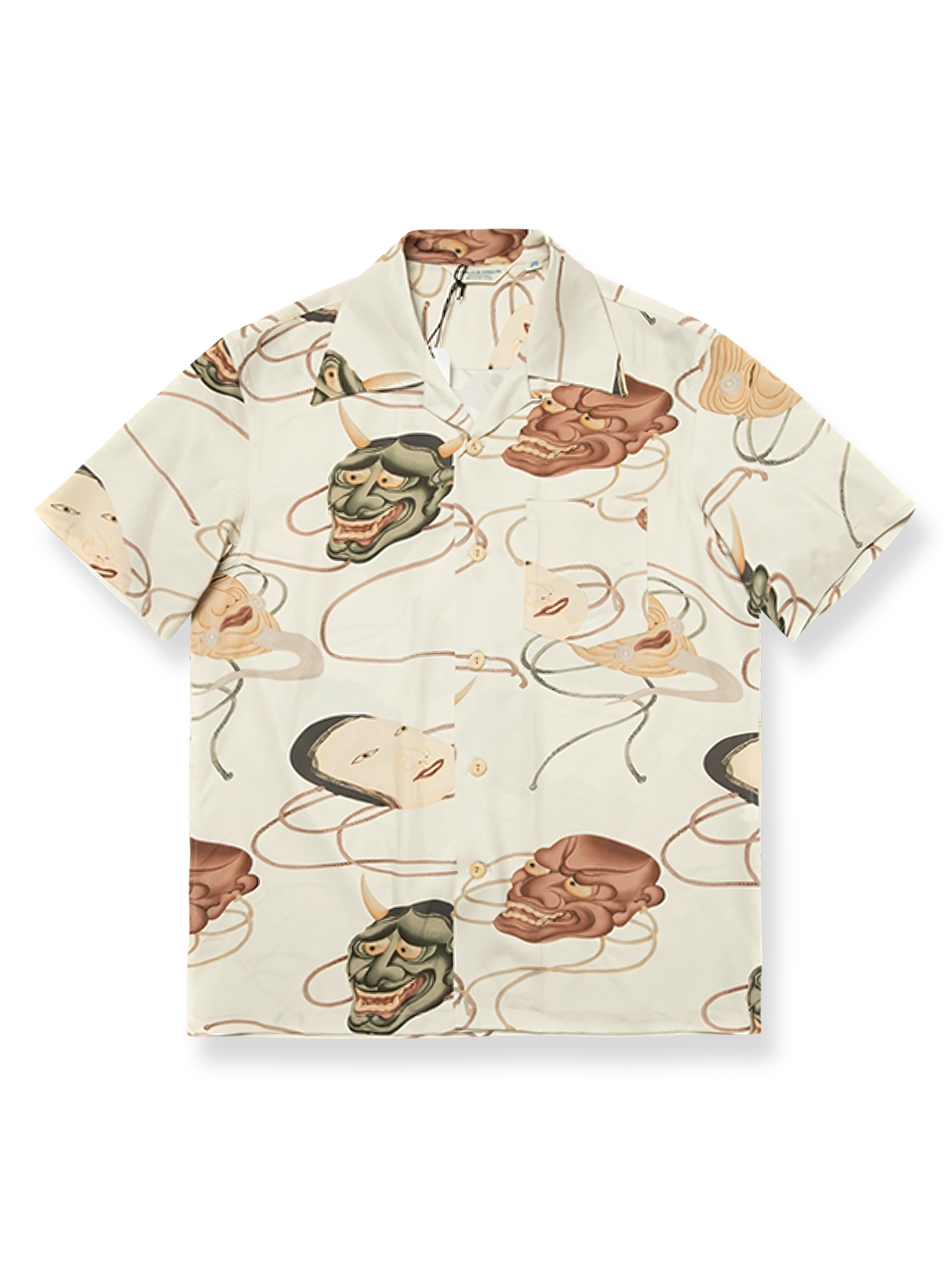 浮世絵風の面具柄プリントが施されたテンセルポリ混紡アロハシャツ