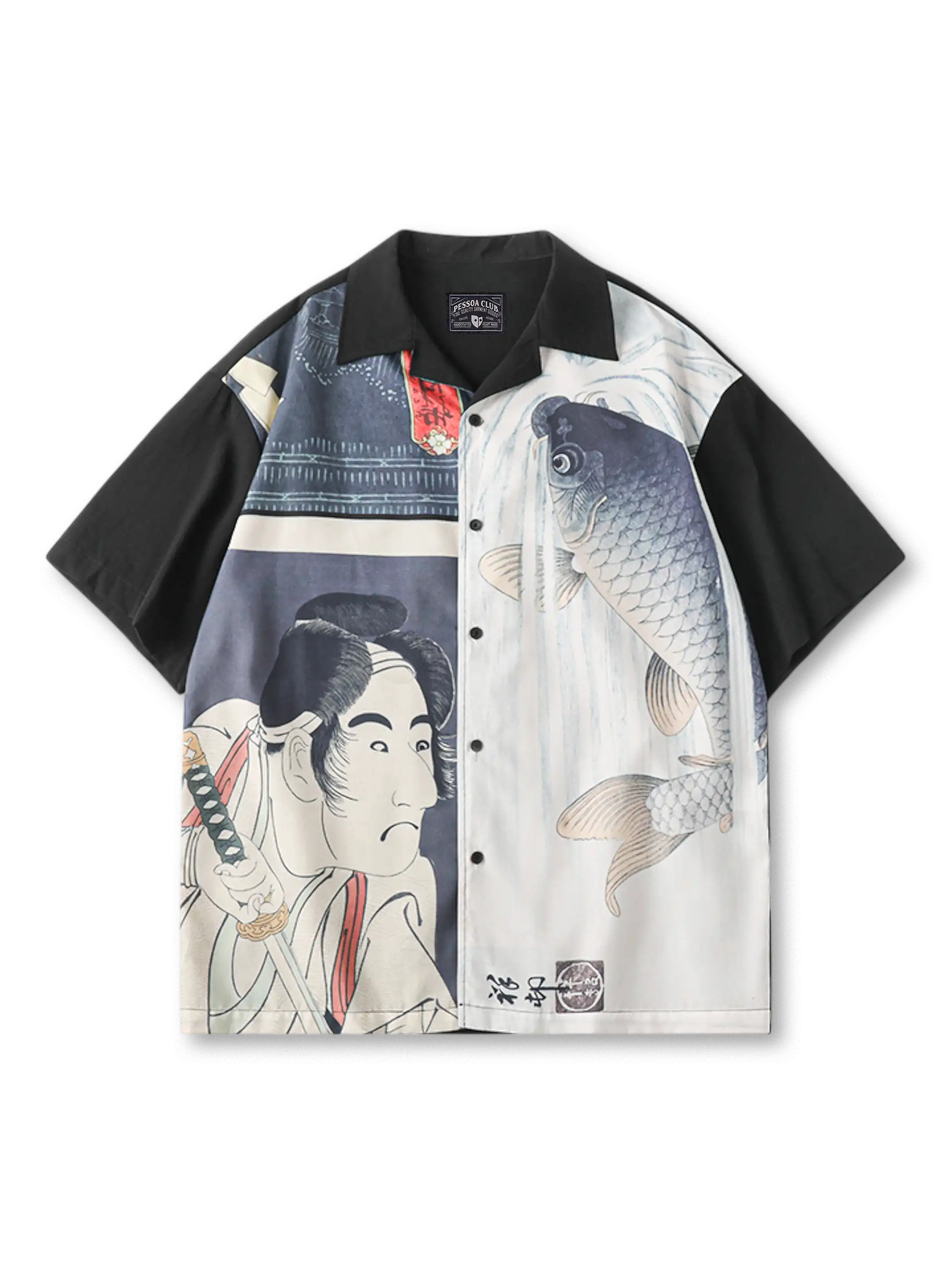 江戸風浮世絵パネルプリントと錦鯉を配した黒地の古巴衿シャツ