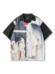 江戸風浮世絵パネルプリントと錦鯉を配した黒地の古巴衿シャツ