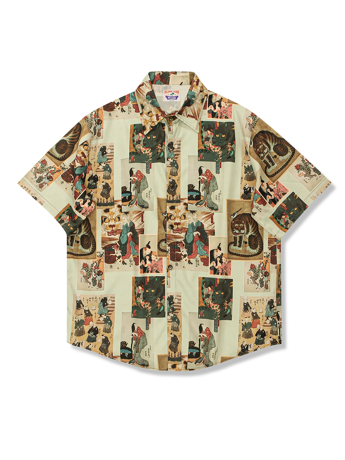 浮世絵柄半袖シャツ、クラシックデザイン、ルーズフィット、純綿素材
