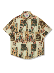 浮世絵柄半袖シャツ、クラシックデザイン、ルーズフィット、純綿素材