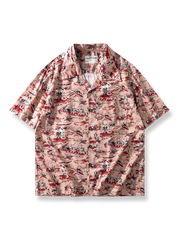 浮世絵風フラダンス柄をあしらったハワイアンシャツ。