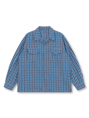 ミリタリー風チェック柄とフラップポケットが特徴のユニセックスオープンカラーシャツ