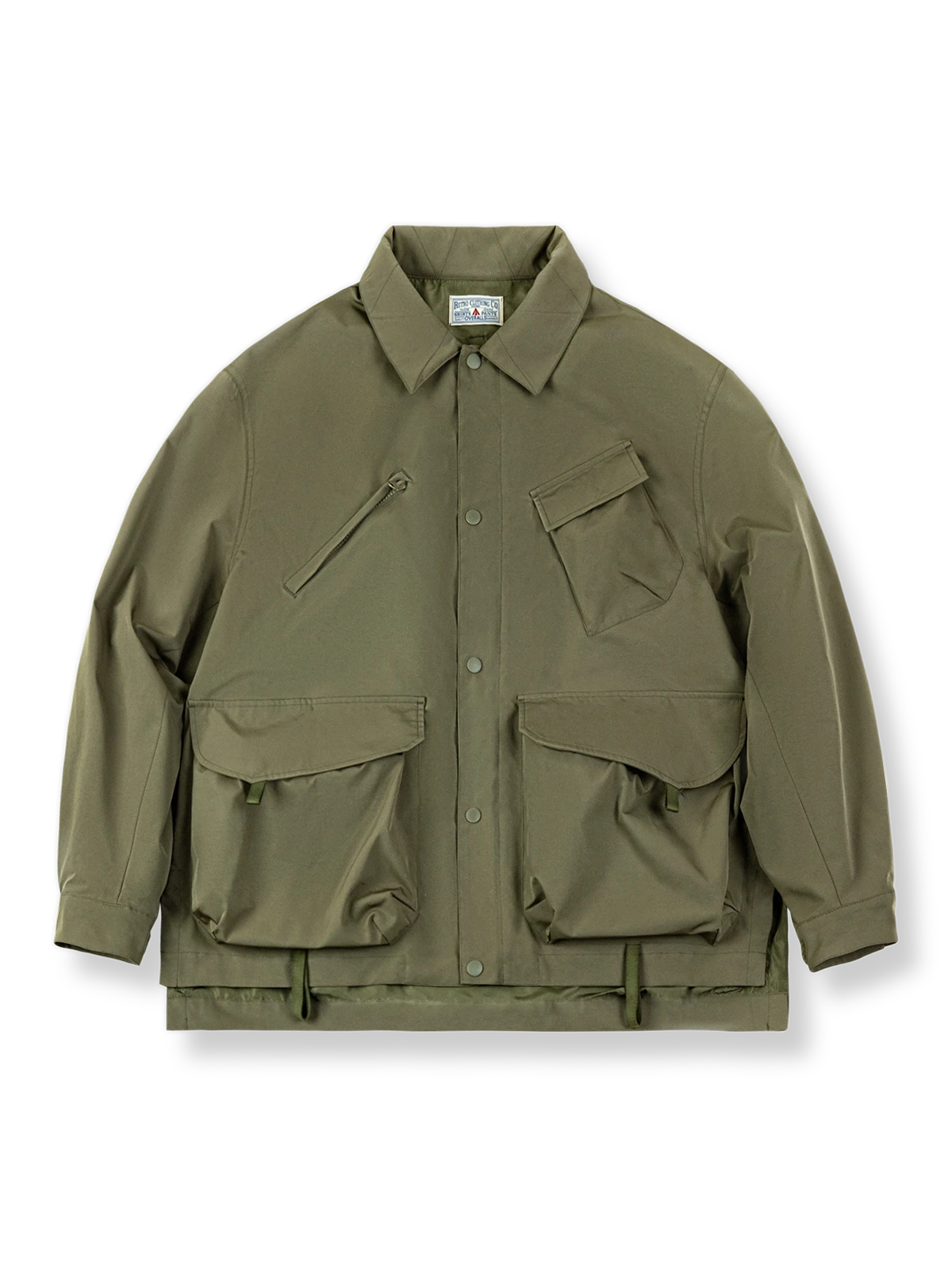 アーミーグリーンの2WAY軽量ジャケット、折り返しとスタンド襟仕様