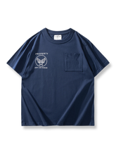 空軍バッジプリントとポケット付きの厚手ダブルヤーン生地半袖Tシャツ