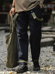 詳細画像:オーバーオールのディテール図(マリンサスペンダーバックル、YKKジッパー、ウッドグレイン樹脂ボタンなど)