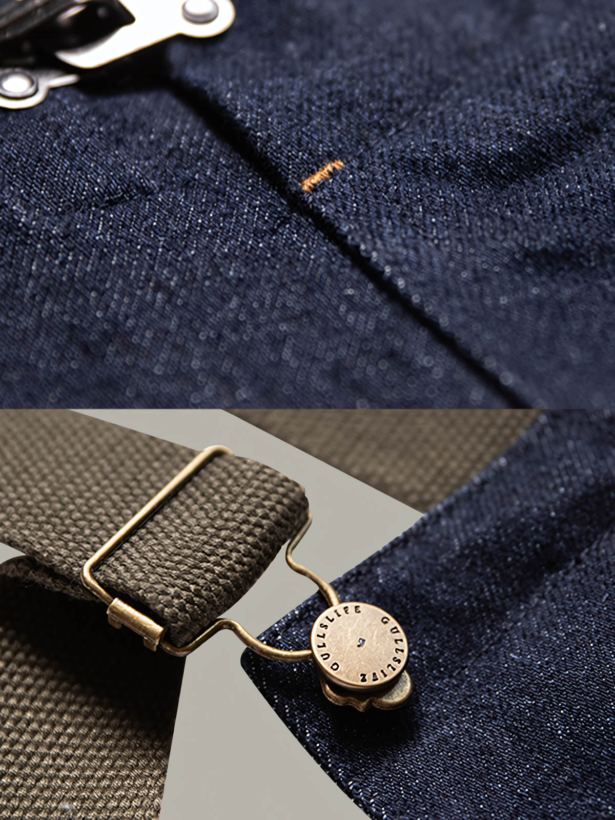 詳細画像:オーバーオールのディテール図(マリンサスペンダーバックル、YKKジッパー、ウッドグレイン樹脂ボタンなど)