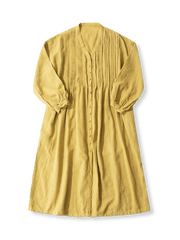 フレンチレトロ森林系スタイルのマスタードイエローVネックリネンコットンドレス全体像