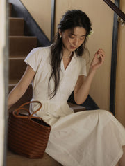 Vネックウエスト シンチングロングドレス