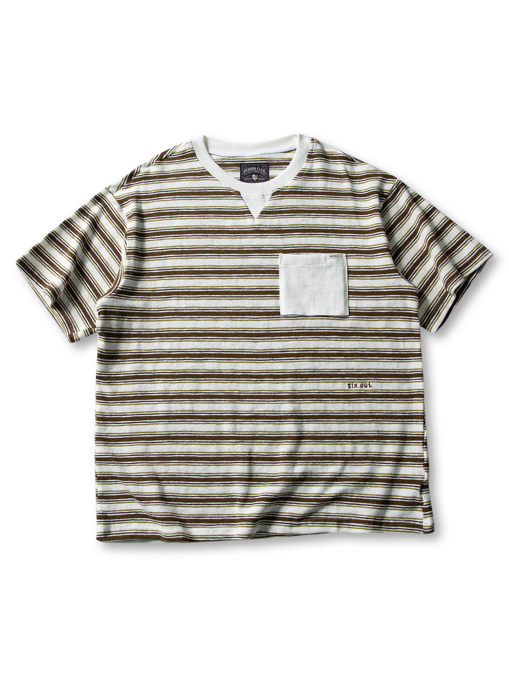 V字ネックインサートとボーダーが映える胸ポケットTシャツ