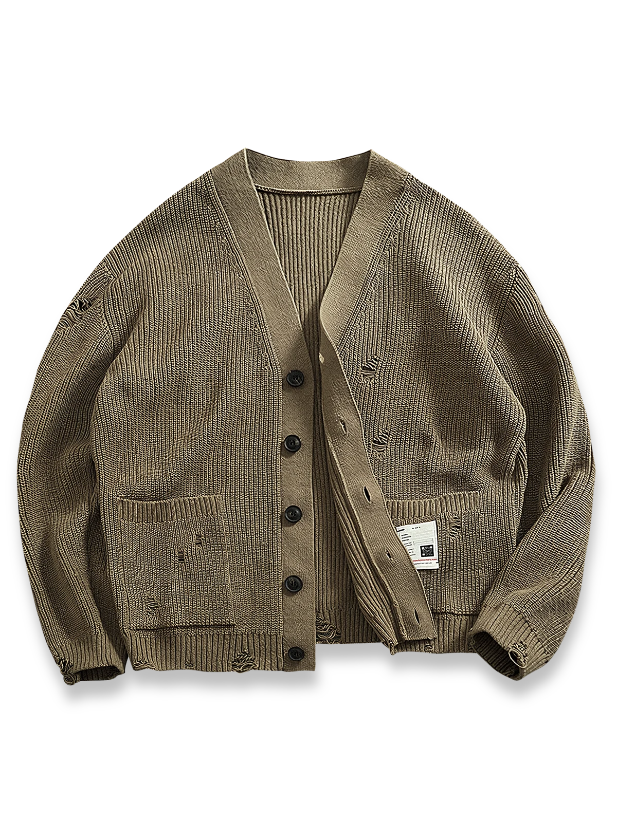 ヴィンテージ風のダメージ加工が魅力のVネックカーディガンセーター