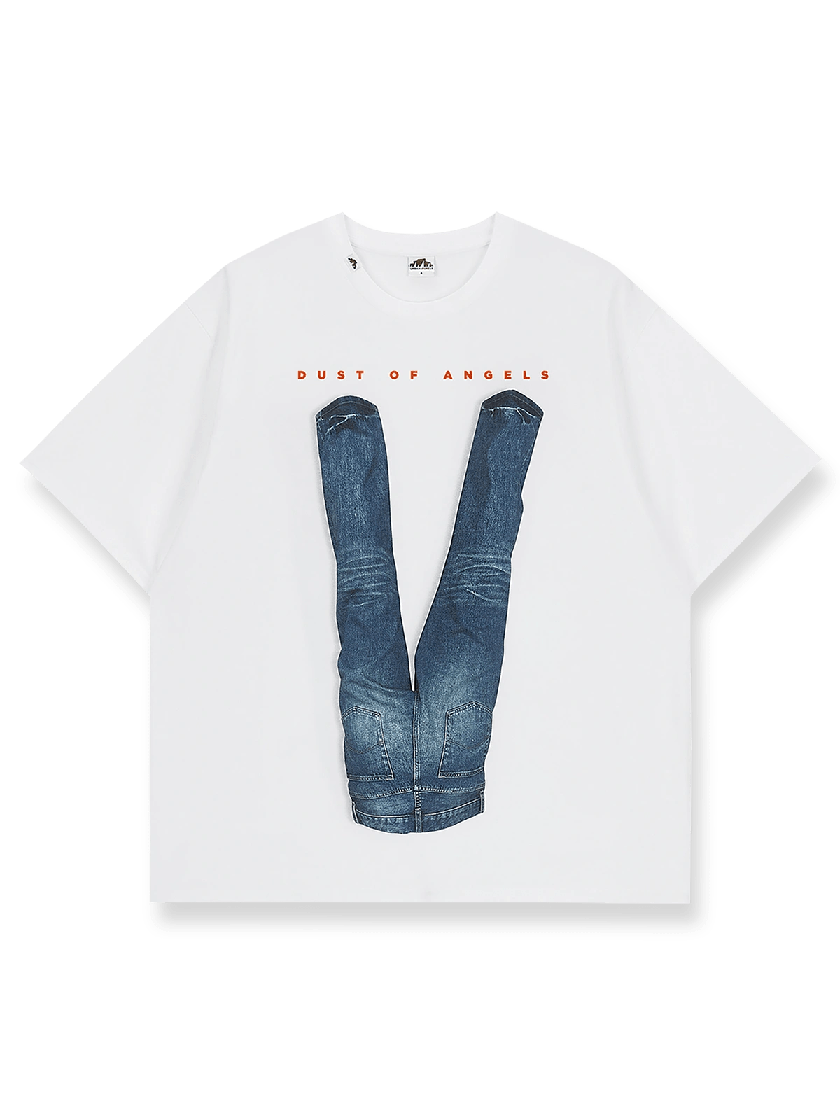 ピースサインプリントが映えるオーガニックコットン混デニムTシャツ。