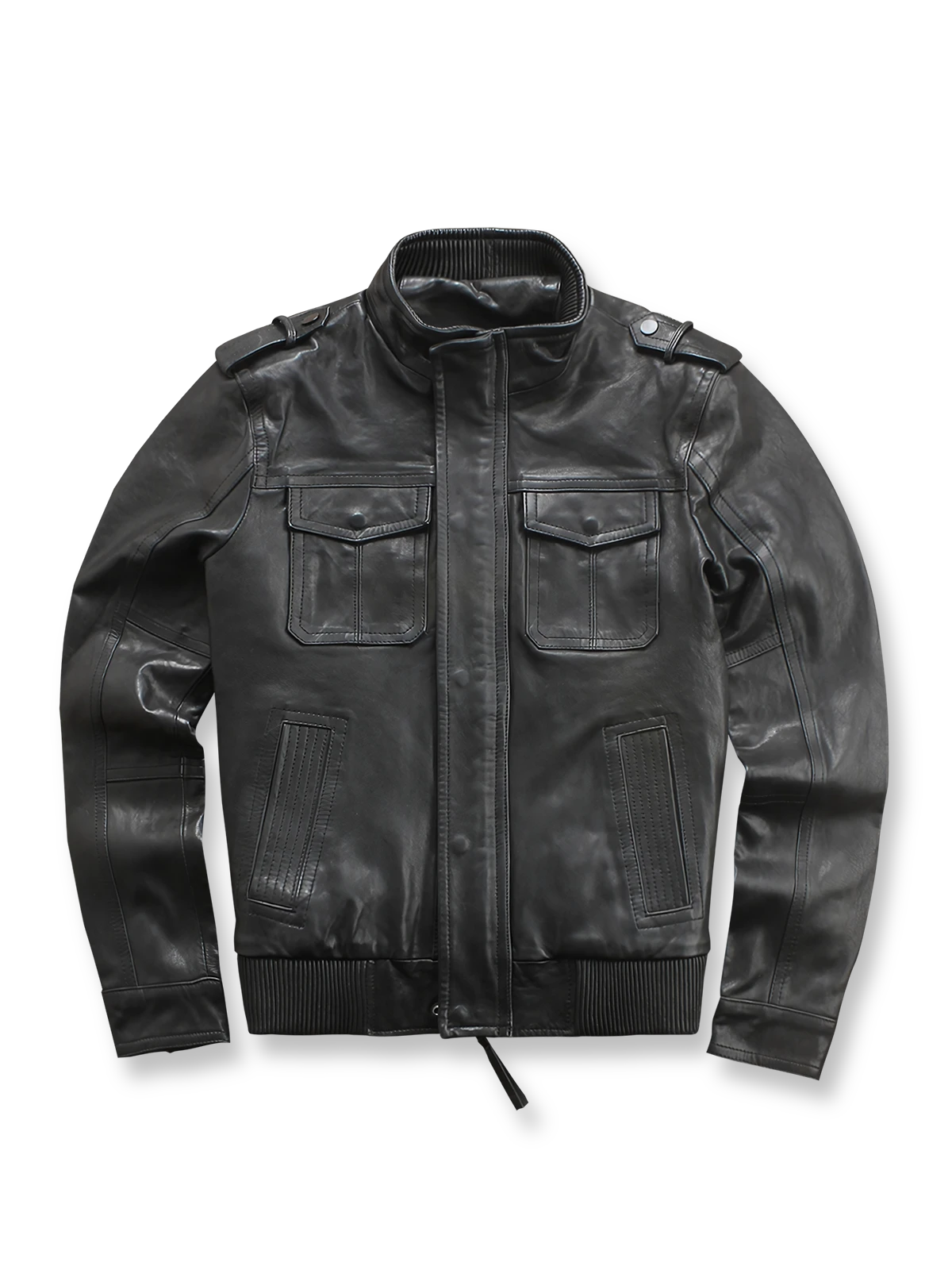植鞣し羊革のハイネックライダースジャケット。