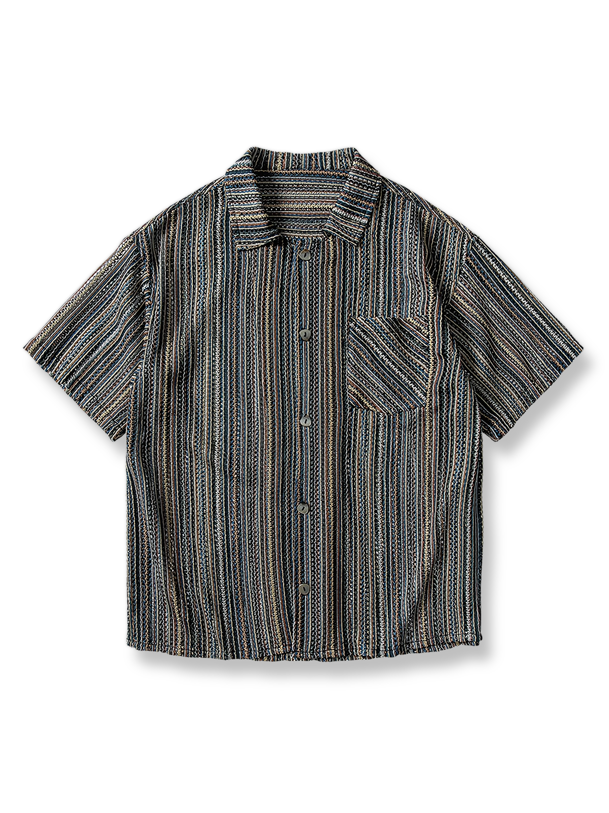 縦ストライプと透かし編みオープンワークが特徴のポリエステル半袖シャツ