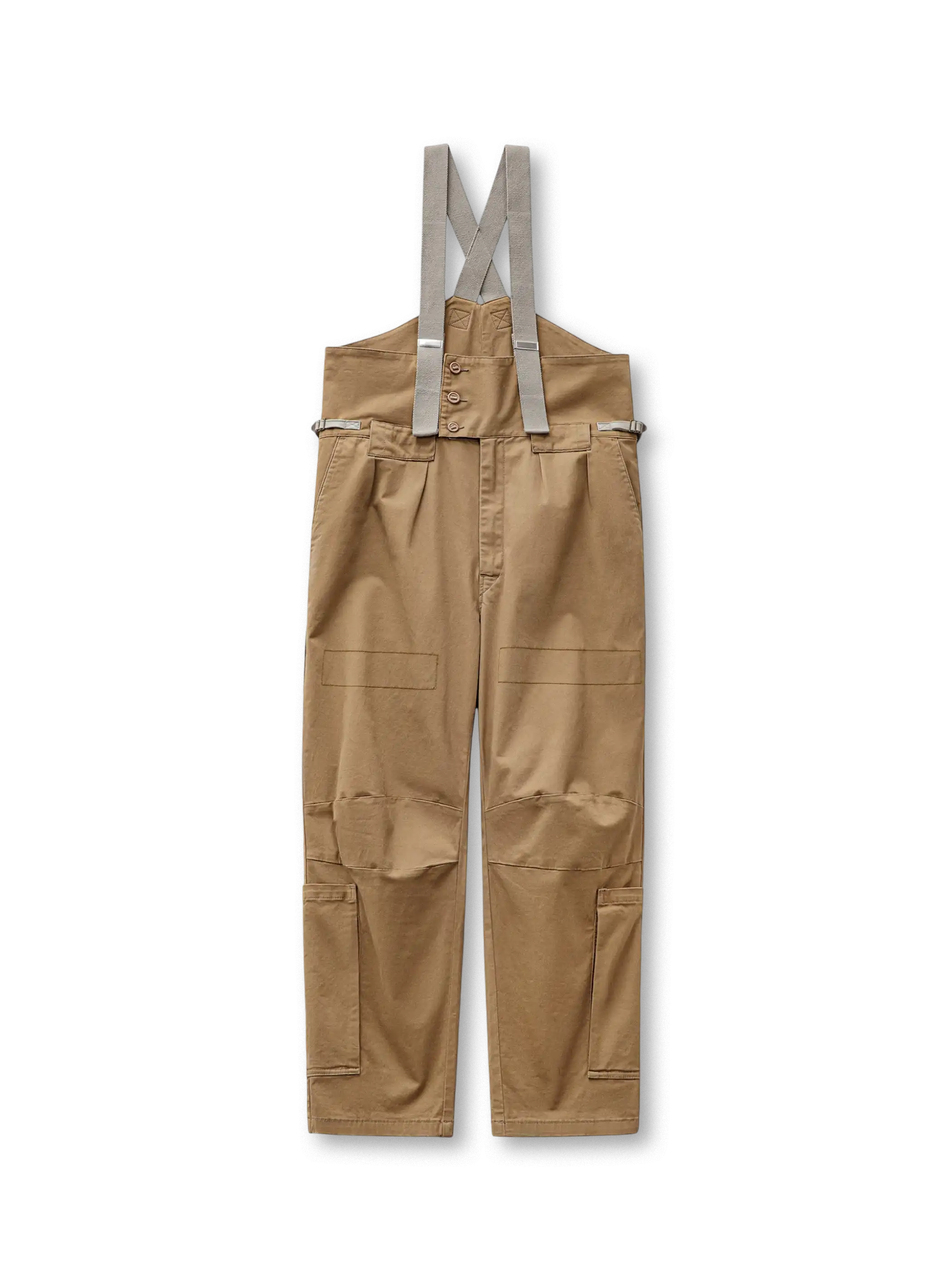 メンズ ヴィンテージ カーキ サスペンダーパンツ フライトタイプ 多ポケット 厚手カバーツイル