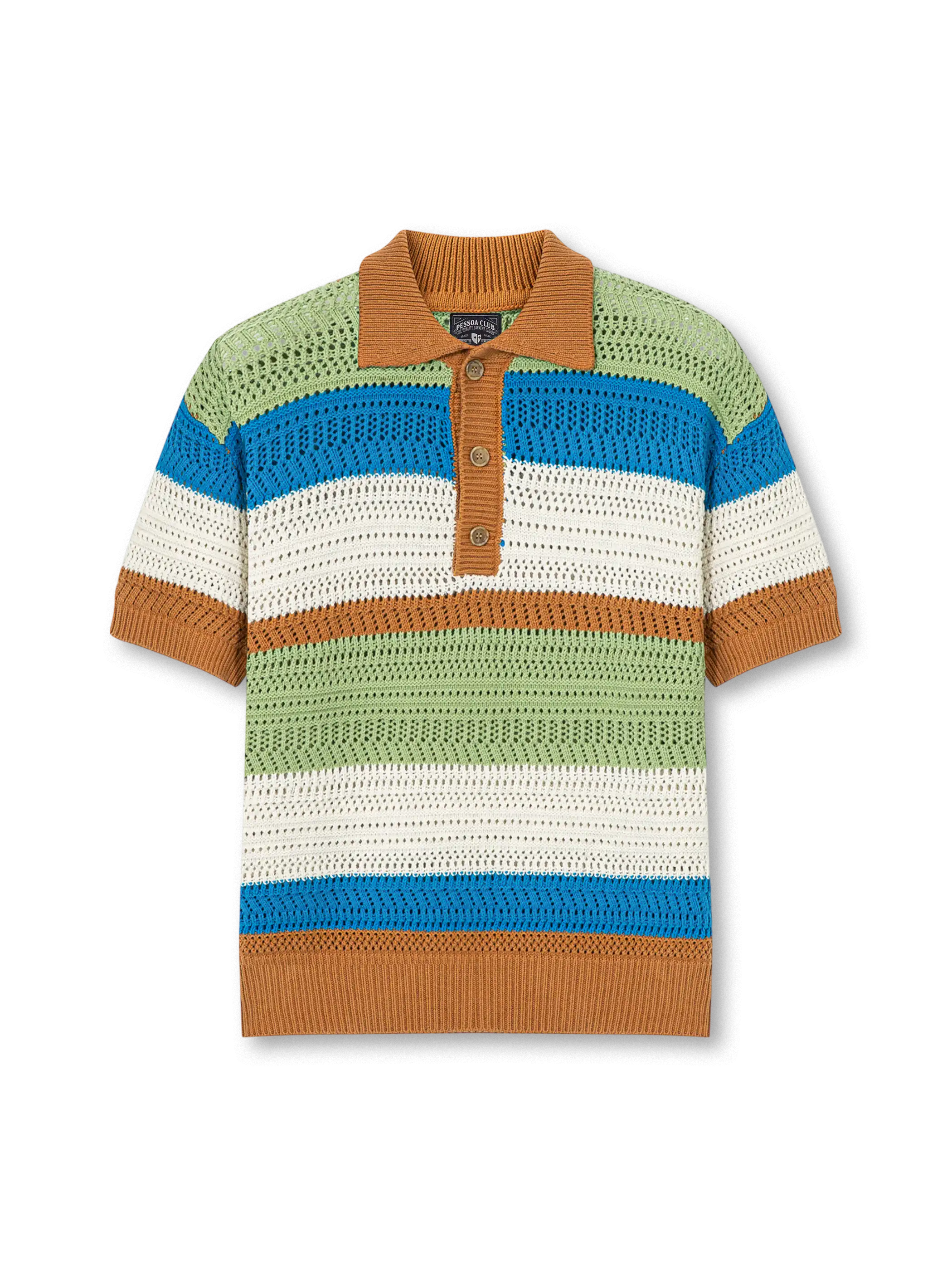 ヴィンテージストライプニットポロの全身ビュー、透かし編みとマルチボーダーデザインを強調。