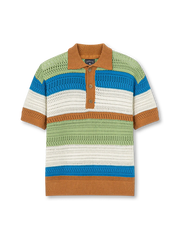 ヴィンテージストライプニットポロの全身ビュー、透かし編みとマルチボーダーデザインを強調。