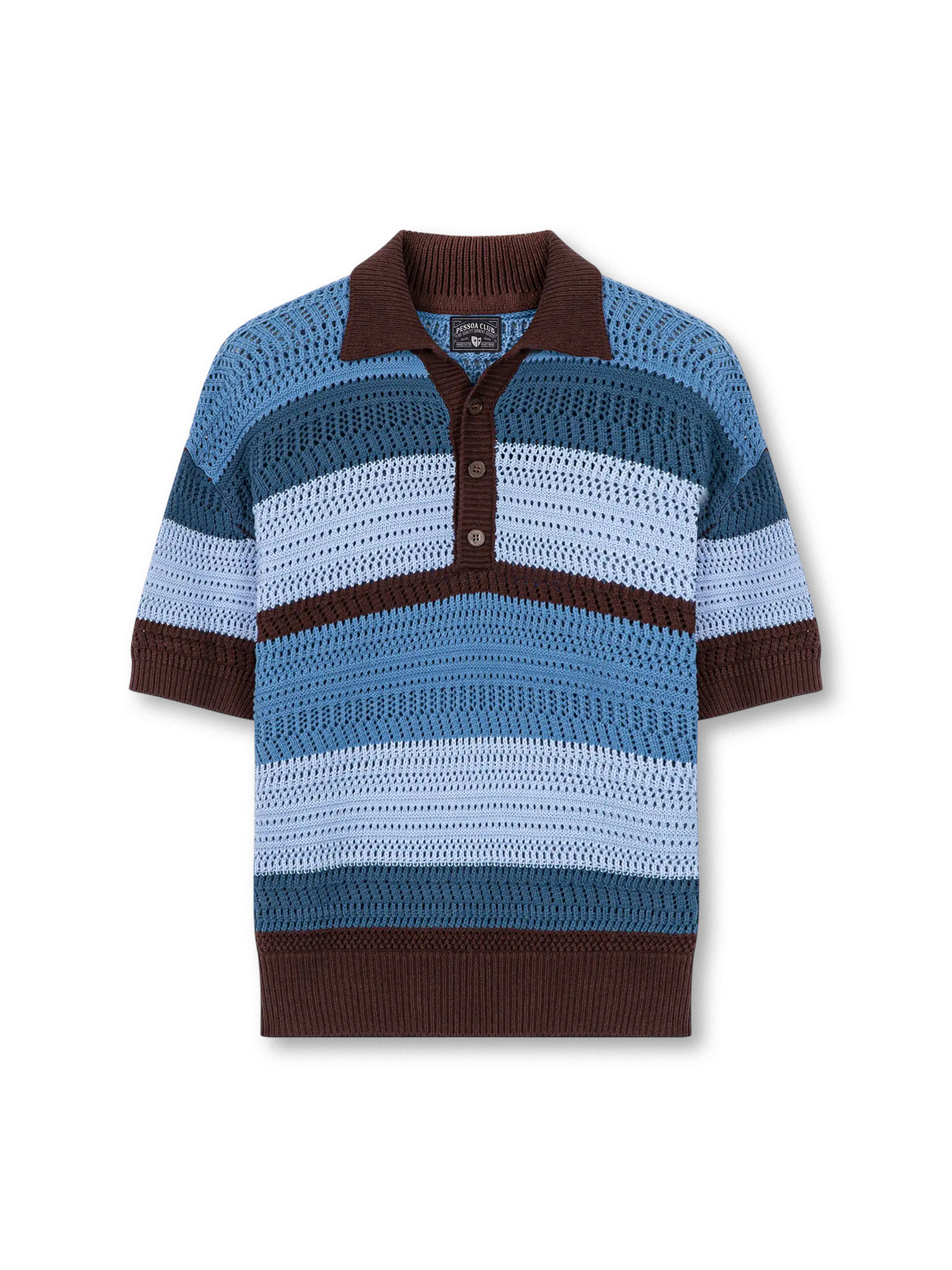 ブルー×ブラウンまたはグリーン×キャメルのストライプが映えるアイレット透かし編みニットポロ