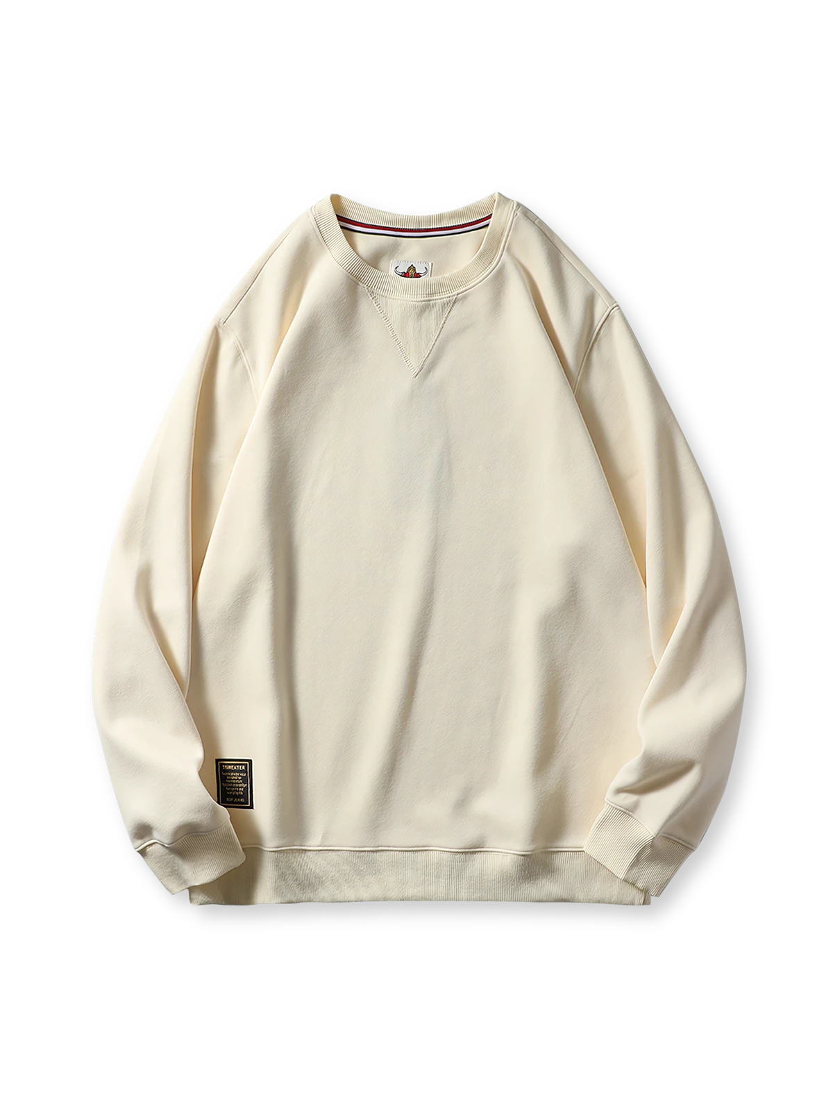 350gミルクシルク複合素材と起毛パイル裏地、リブ仕様が特徴のルーズフィットクルーネックスウェットの全体像。