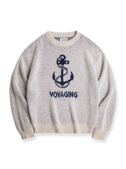 アンカーモチーフのジャカード柄が特徴のウール混紡セーター。防風性リブと立体感ある芝麻地織りで秋冬コーデに最適。