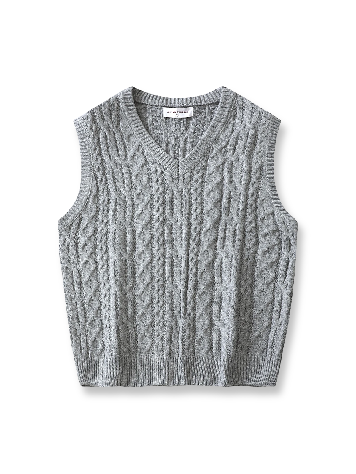 アランケーブル模様のジャカードニットベスト。