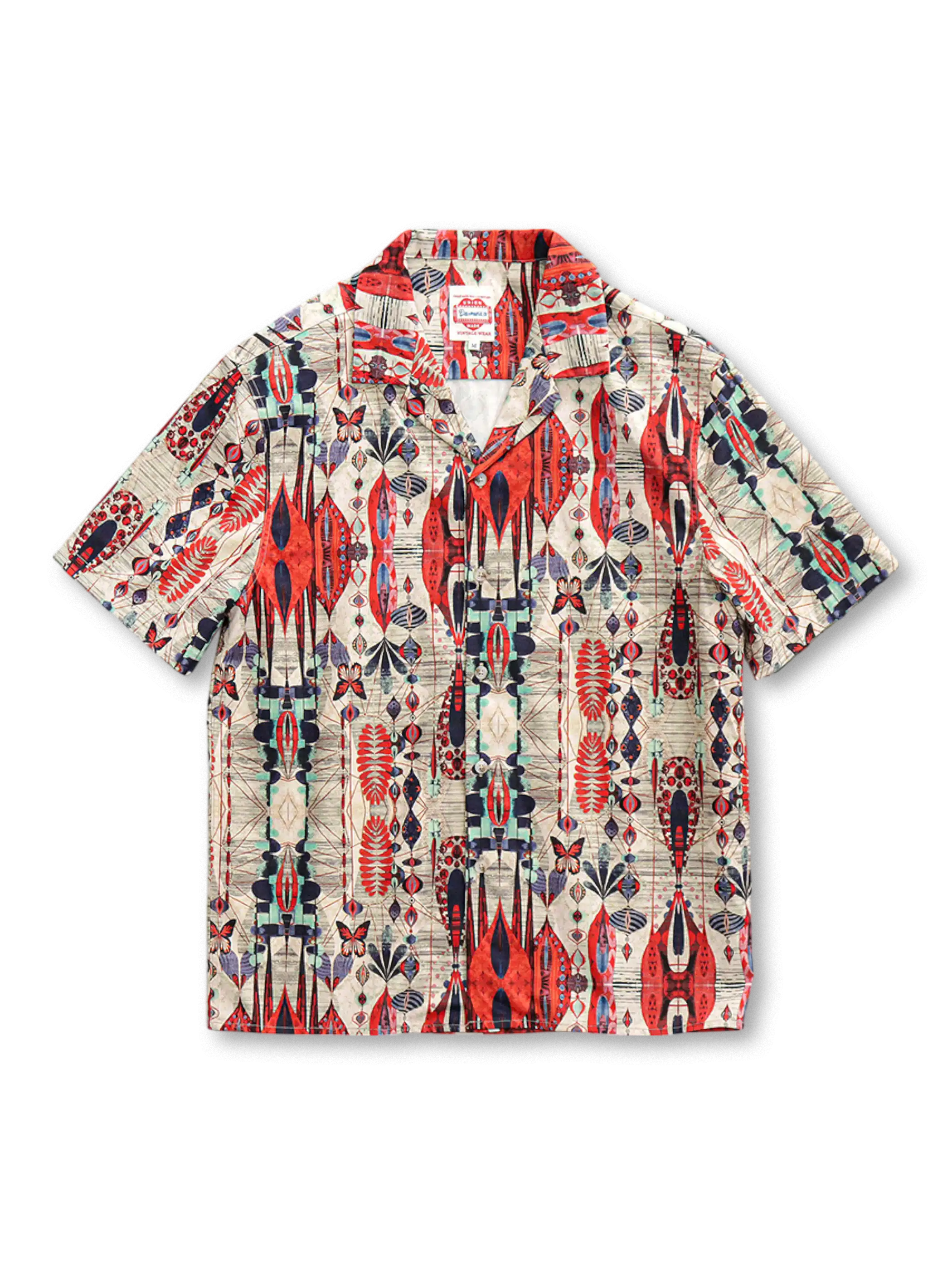 大胆なカラーパレットとヴィンテージサマープリントが特徴のキューバカラーシャツ、通気性の良いポリエステル素材
