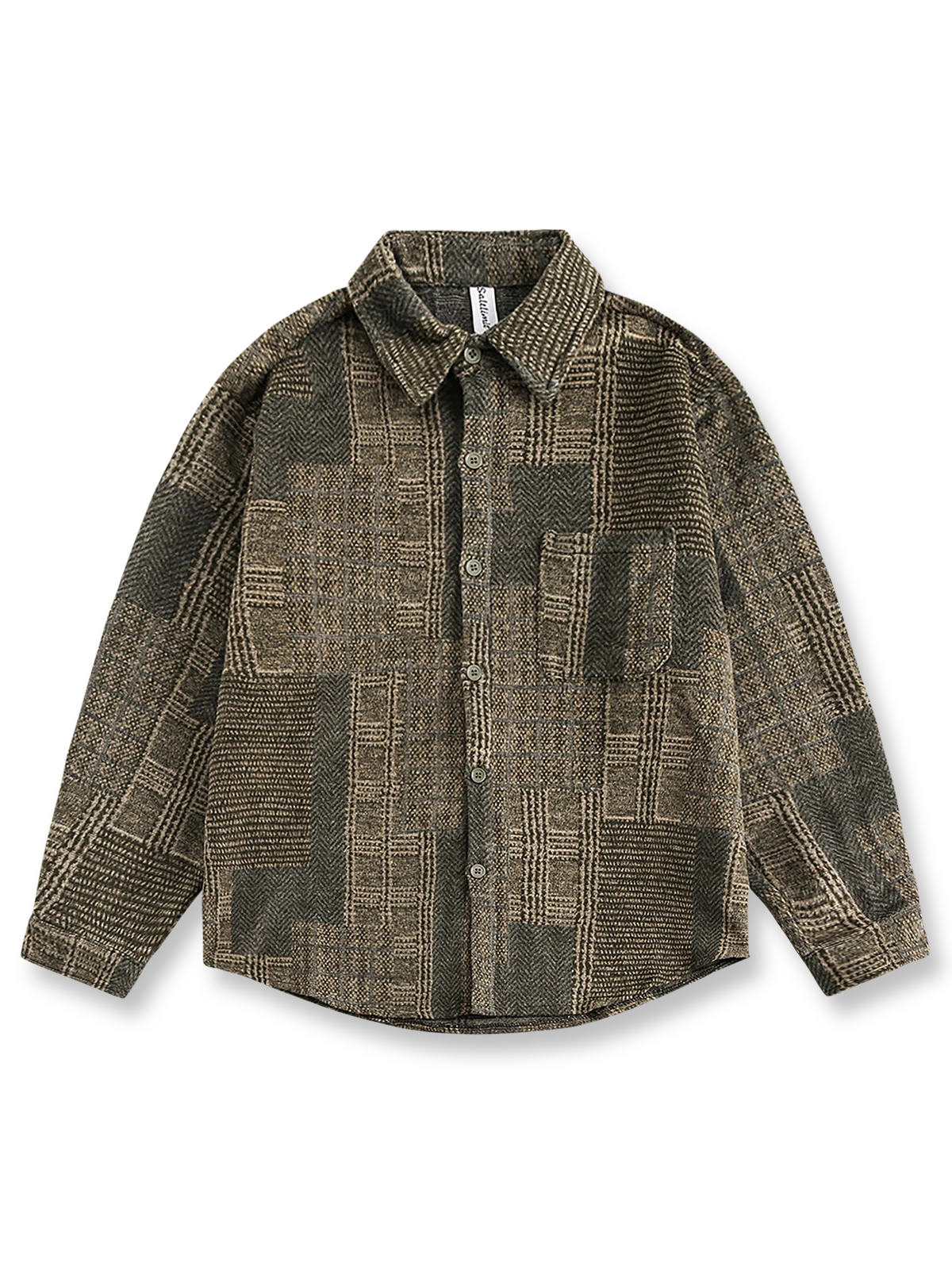 ヴィンテージバイカラー長袖シャツの全体正面画像、バイカラーデザインと左胸ポケットのディテール。