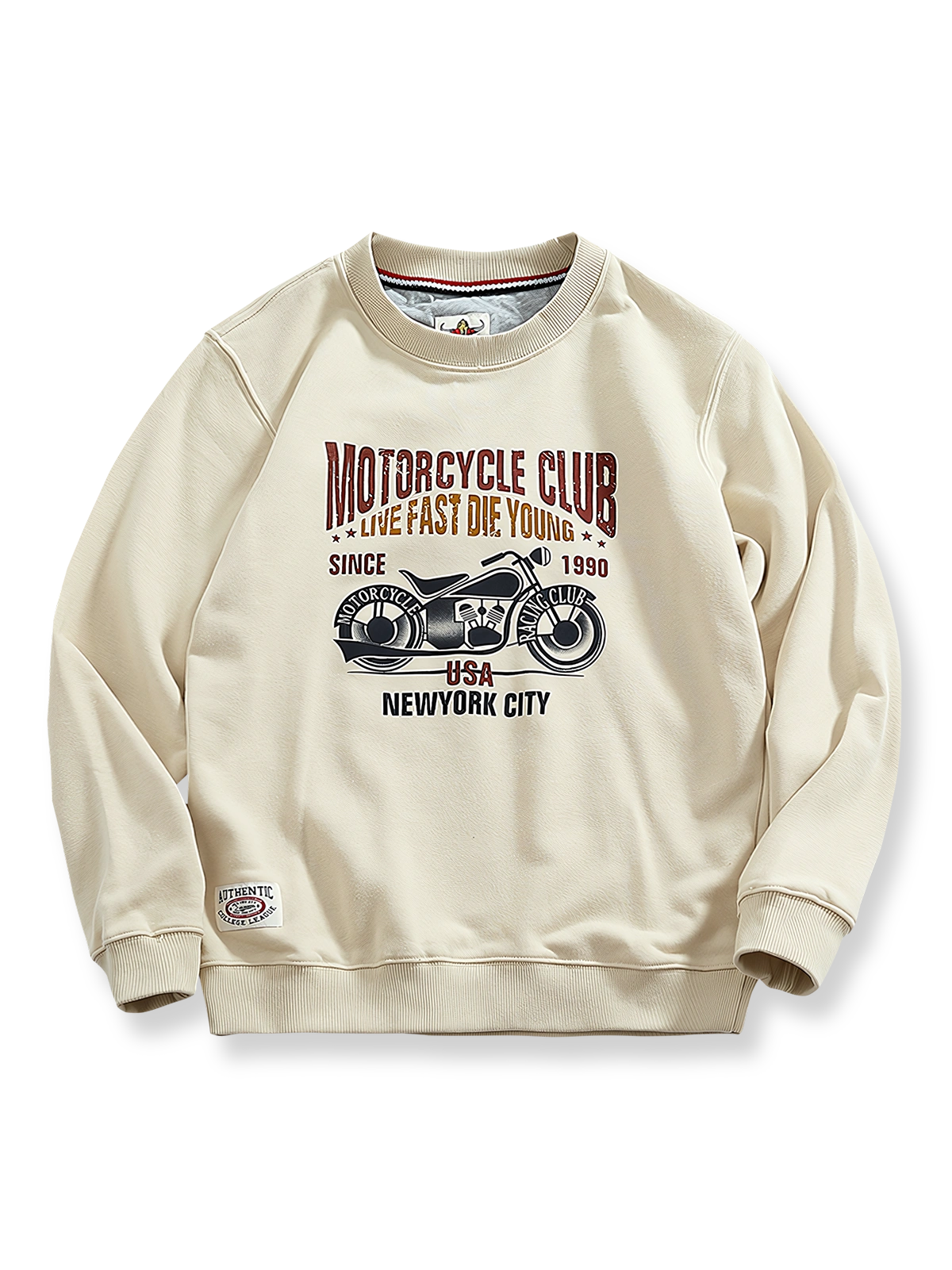 ヴィンテージバイクプリントが映えるクルーネックスウェット