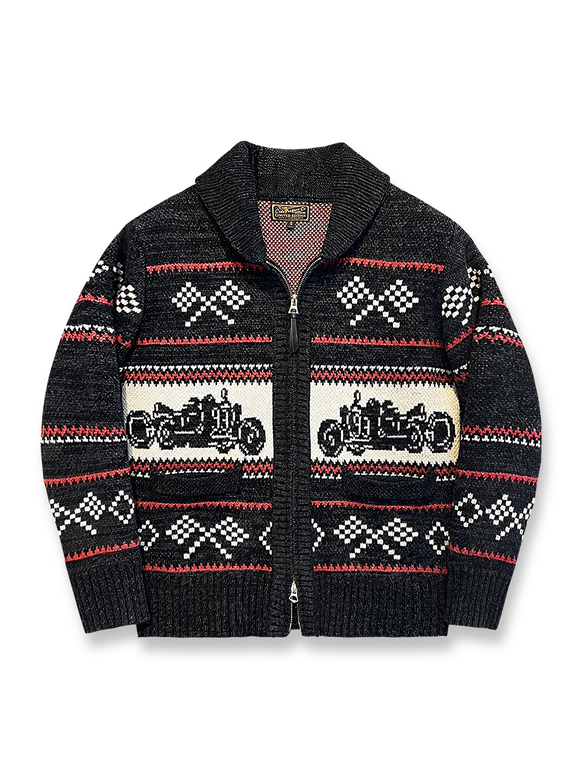 20世紀中期バイカークラブ文化を再現したジャカードウールカーディガン