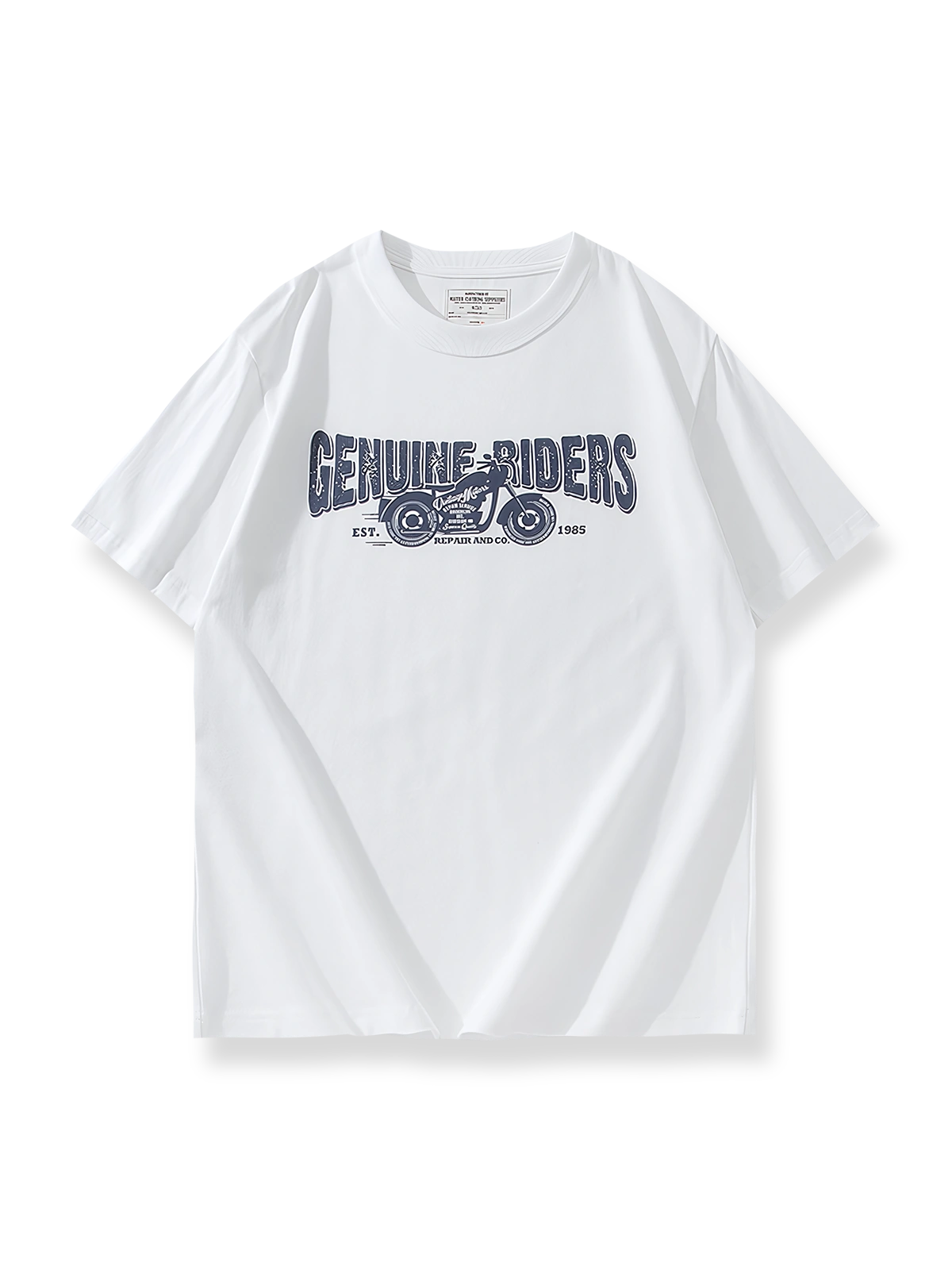 クラシックバイクロゴプリントのダブルヤーンコットンTシャツ。