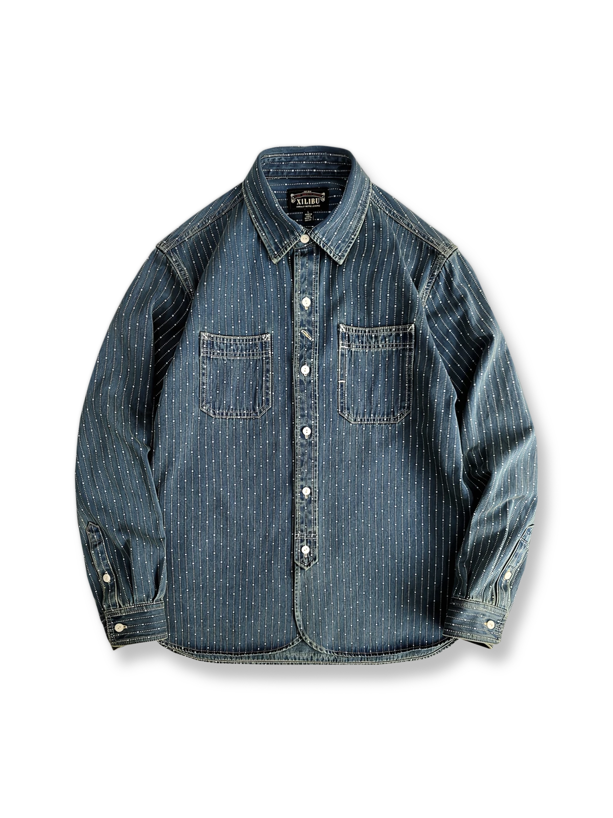 ヴィンテージブルーのストライプが映えるワークシャツ