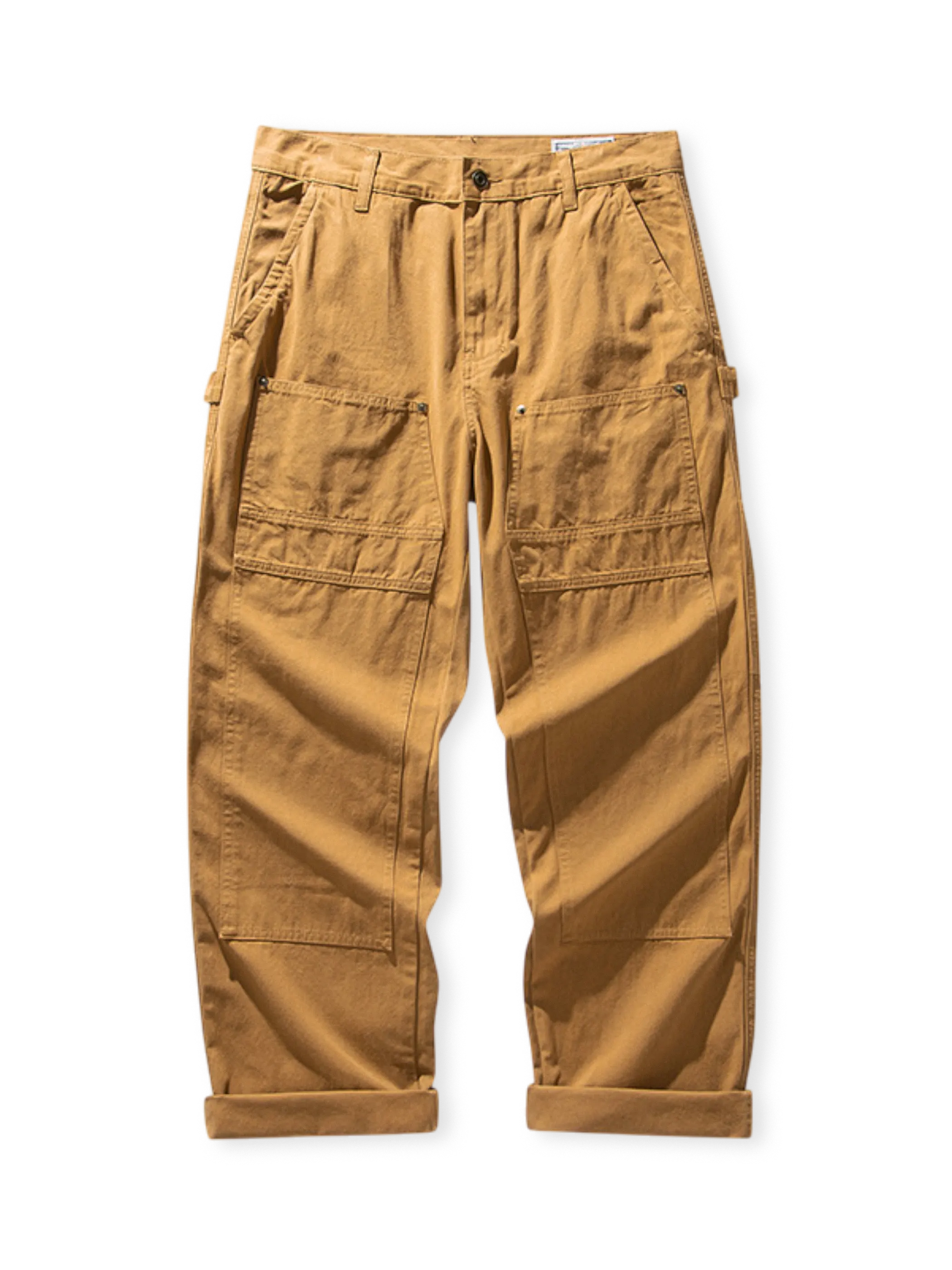 アメリカ鉄道作業員着想の頑丈キャンバス生地ワークパンツ。多機能ポケットと柳釘補強付き。
